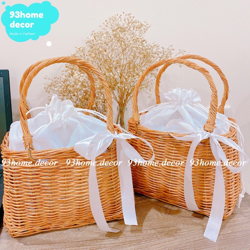 Túi xách mây đan vintage handmade kèm nơ ruy băng xinh xắn, giỏ mây hình hộp cổ điển phụ kiện chụp ảnh, đi biển