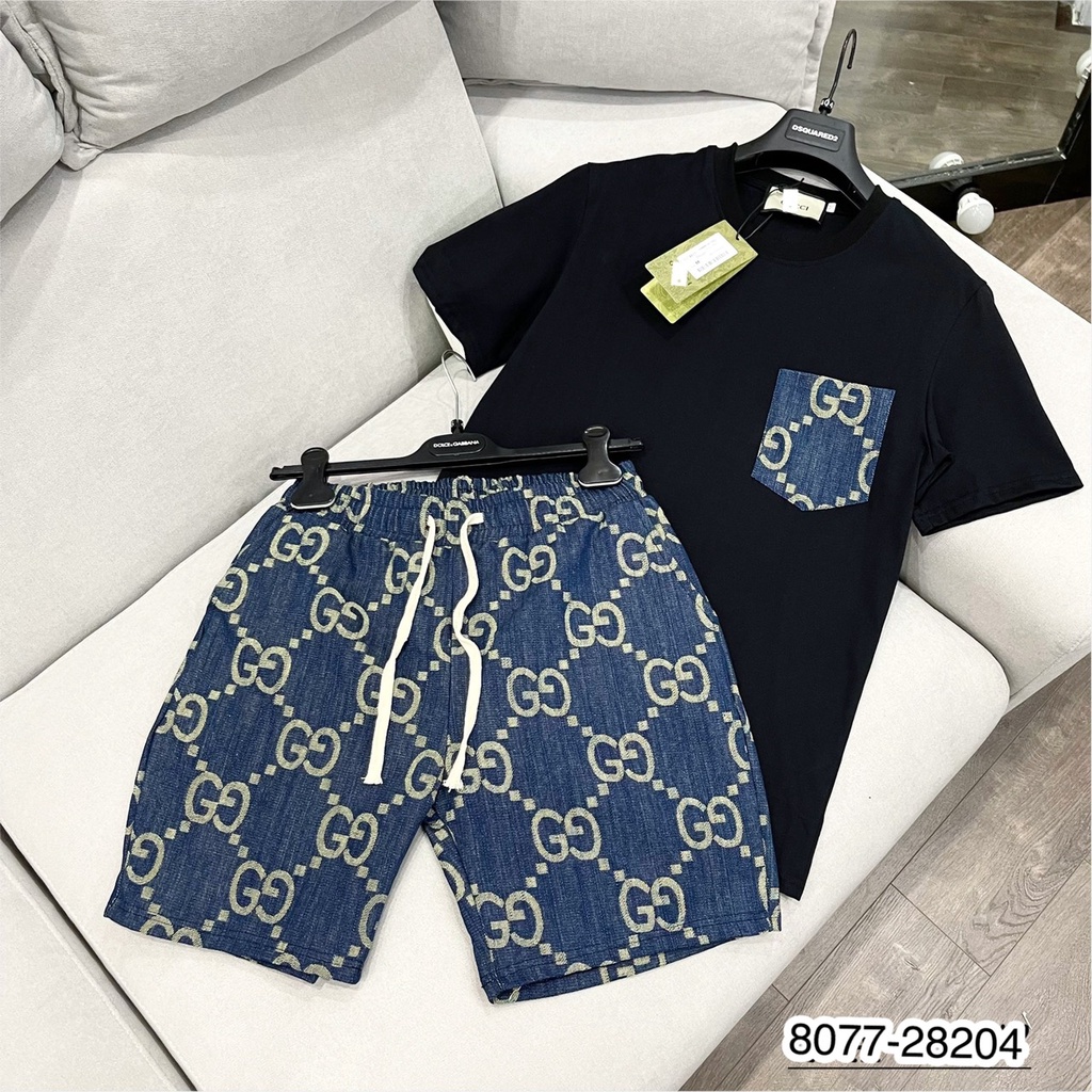 Bộ Quần Áo Nam GC Chữ thêu 100% cotton cao cấp. Bộ cộc nam GC túi ngực quần xanh thêu chữ siêu chất