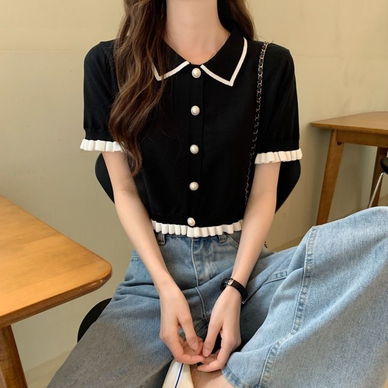 Áo Thun Dệt Kim Ngắn Tay Phong Cách Hàn Quốc Dành Cho Nữ