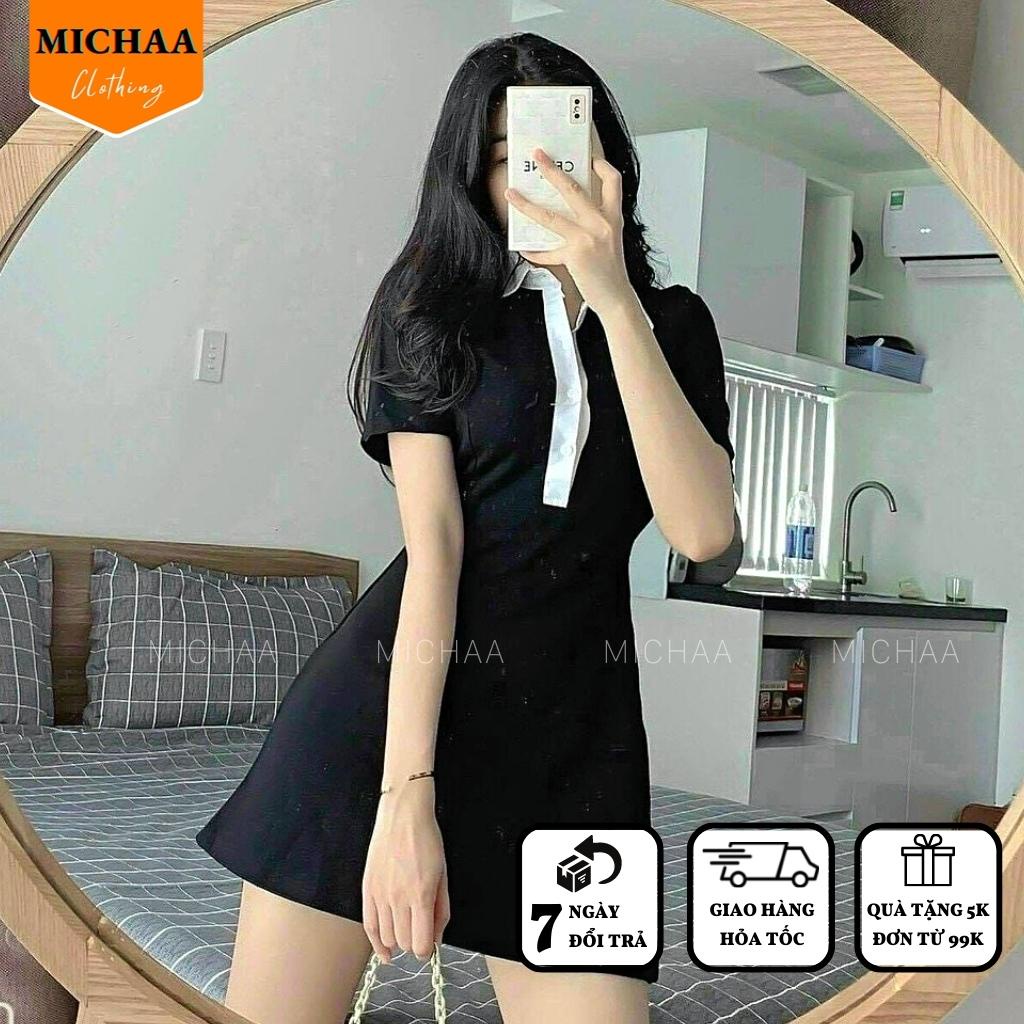 Đầm Váy Body CỔ POLO Phối Trắng Nữ Kiểu Tay Ngắn Dáng Xoè Tôn Dáng Mặc Đẹp - MICHAA