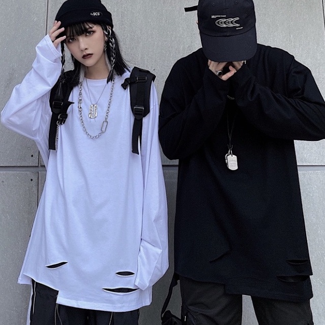 (Sẵn Đen, Trắng) Áo thun dài tay 95% cotton rách gấu tạo layer màu basic hip hop unisex nam nữ