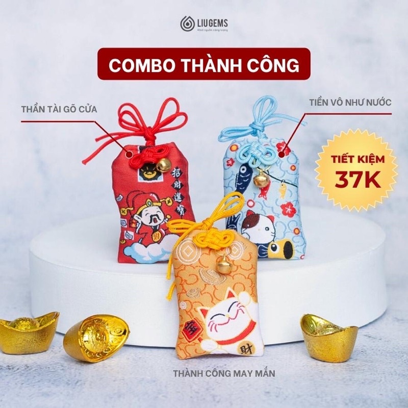 Túi Phước Omamori May Mắn Liugems Đeo Bên Người, Mix Đá, Thảo Mộc, Muối Hồng Himalaya Mang Tài Lộc, Tình Yêu