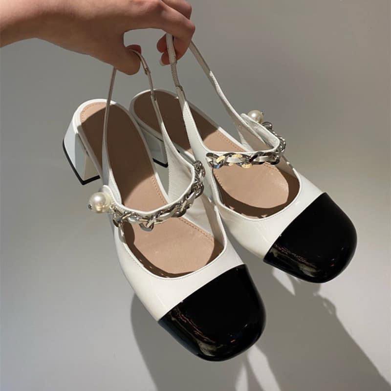 Sandal cao gót Miu Miu quai xích gót vuông 3p