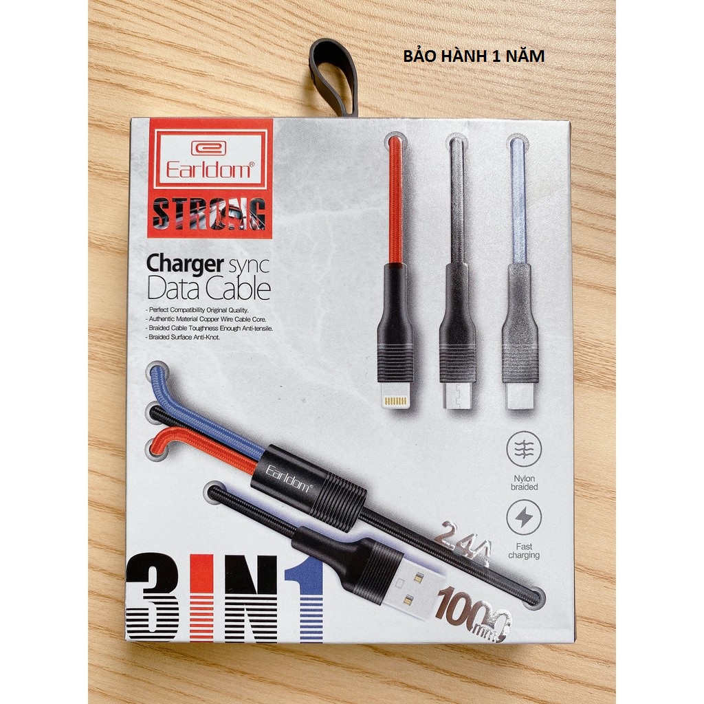 Dây cáp sạc nhanh 3in1 chính hãng Eld-067 dùng cho điện thoại iphone,ipad,samsung,huawei,oppo,xiaomi ,bh 1 năm