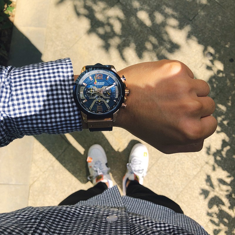 Đồng hồ đeo tay dây da thật 100% 24cm thương hiệu CURREN dành cho nam kèm hộp đựng