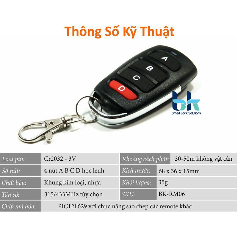 Remote RF Học Lệnh Inox Chống Nước điều khiển từ xa 315/433Mhz 4 nút BK Smart Lock BK-RM06