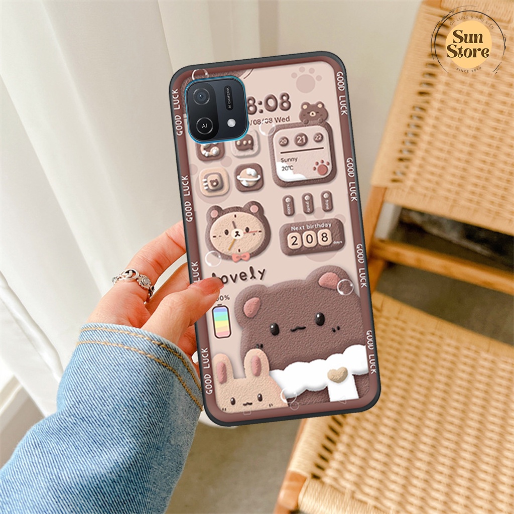 Ốp lưng Oppo A16K hoạ tiết 3D nền kẻ caro, gấu đáng yêu viền dẻo