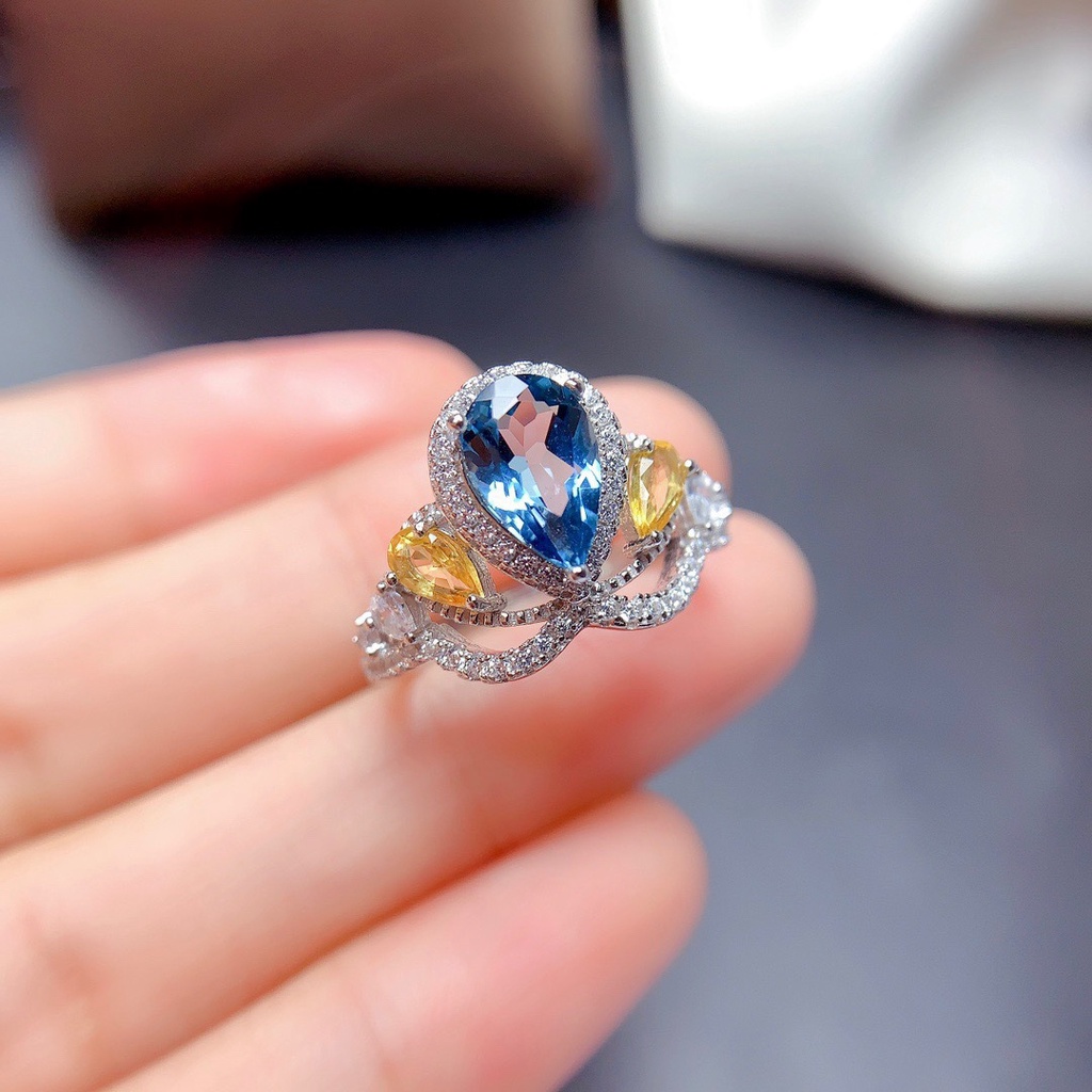 Nhẫn Hở Hai Màu Hình Vương Miện Đính Đá Topaz Xanh Thời Trang Cho Nữ