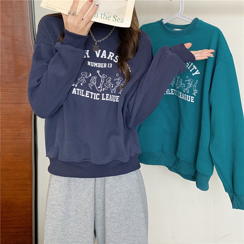 SUXI Áo Sweater Mỏng Cổ Tròn Tay Dài Dáng Rộng In Chữ Thời Trang Cho Nữ