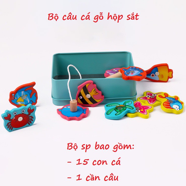 Đồ chơi Hộp câu cá nam châm đựng trong hộp sắt KB210721,Câu Cá Gỗ Hộp Sắt Rèn Vận Động Tinh Cho Bé