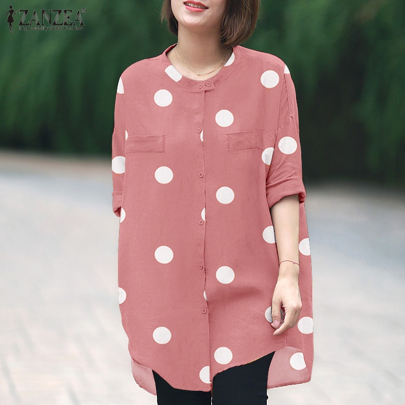 Áo sơ mi Zanzea cổ tròn tay lỡ họa tiết chấm bi thời trang phong cách retro cho nữ