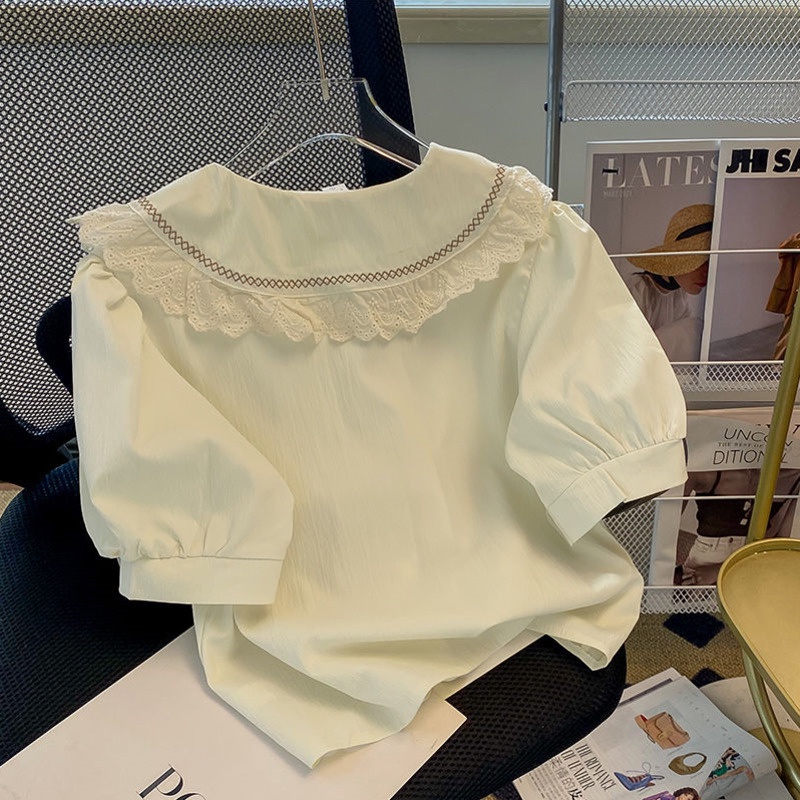 Áo Sơ Mi Tay Ngắn Dáng Rộng Cổ Búp Bê Phong Cách Hàn Quốc Dành Cho Nữ