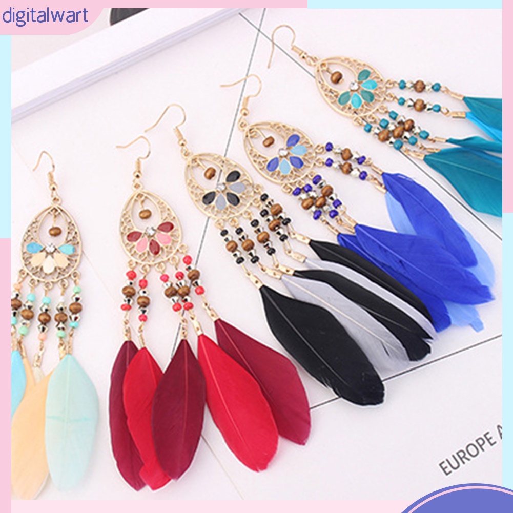 Đôi Bông Tai Dáng Dài Phối Lông Vũ Phong Cách Boho Thời Trang Cho Nữ