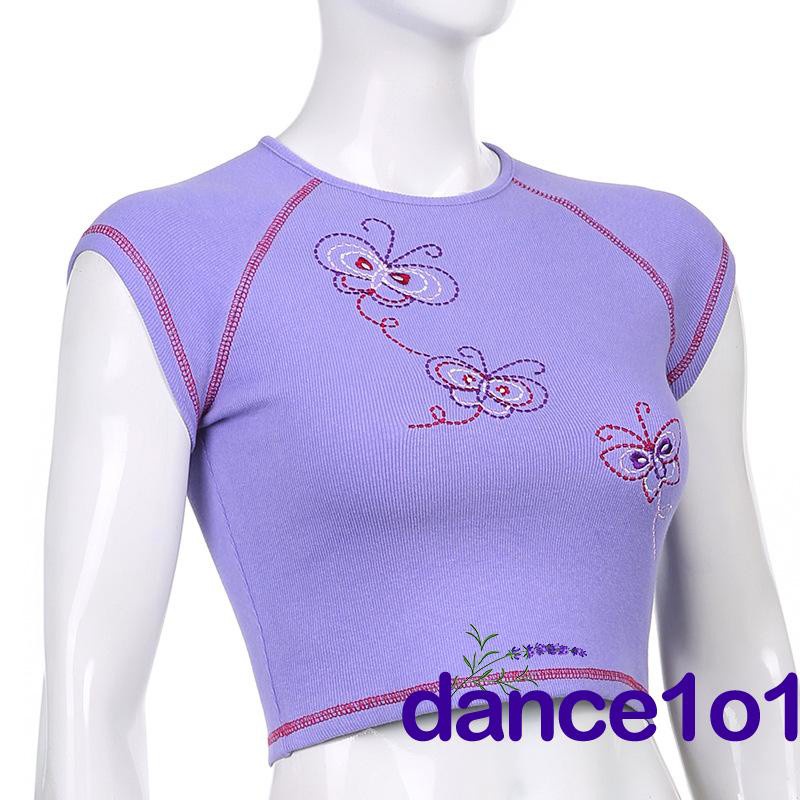 Áo Thun Tay Ngắn Cổ Tròn Thêu Hình Bướm Sáng Tạo Thời Trang Mùa Hè Cho Nữ