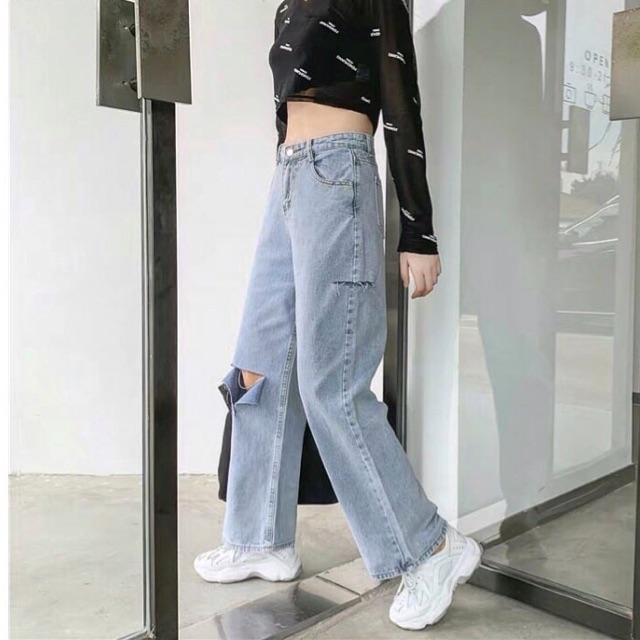 Quần Ống Suông Big Size RÁCH 1 HÔNG ĐÙI Và GỐI T /Quần Bò Không Co Giãn -Jean Rộng Size Đại - Lưng Cao