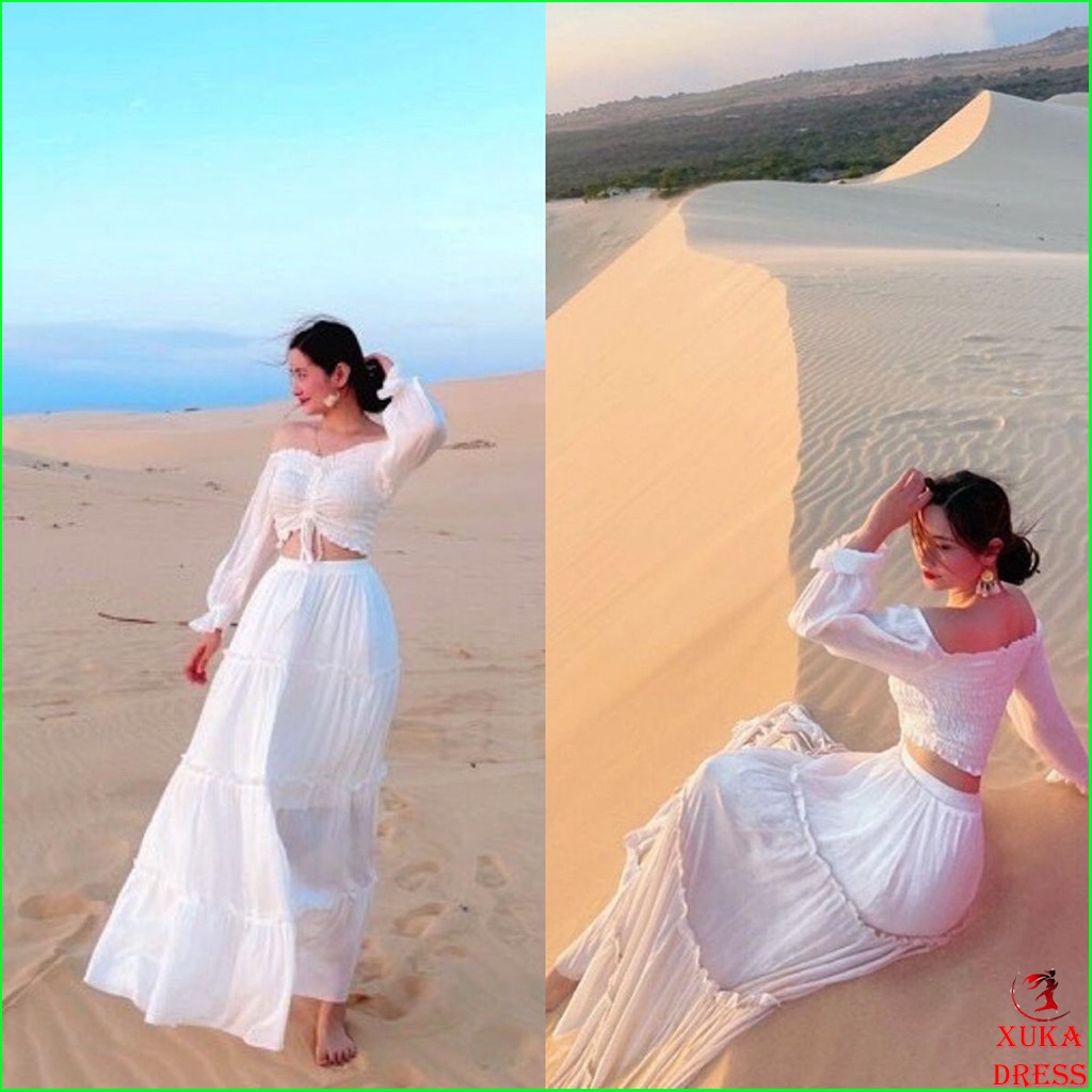 Set váy maxi bo chun nhún với chân váy bèo tầng tiểu thư cá tính phong cách thời trang XUKA-DRESS MT066 chất Voon