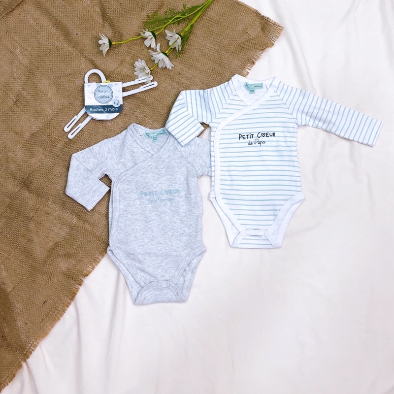 Set 2 body chip, bodysuit cotton dày dặn vạt chéo dài tay Quảng châu cho trẻ thiếu tháng, trẻ sơ sinh 1m,3m,6M-  Kèm móc