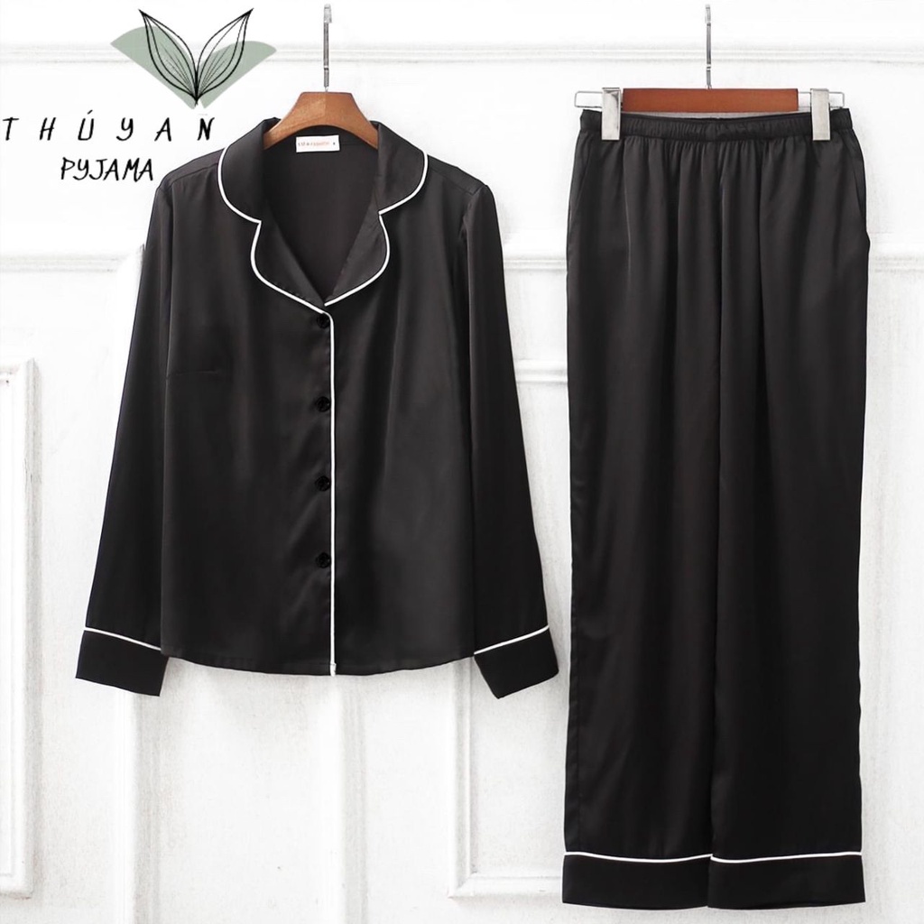 Bộ Pijama nữ bigsize đen trơn tay dài chất lụa Mango ko nhăn dành cho nữ, mẹ bầu 60 -90kg