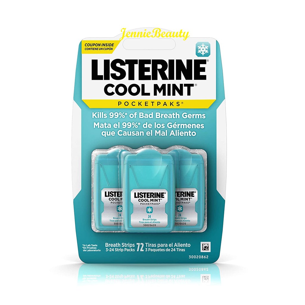 [Hàng Mỹ] Miếng ngậm thơm miệng diệt khuẩn 99% Listerine Pocketpaks (Vỉ 3 hộp 72 miếng)