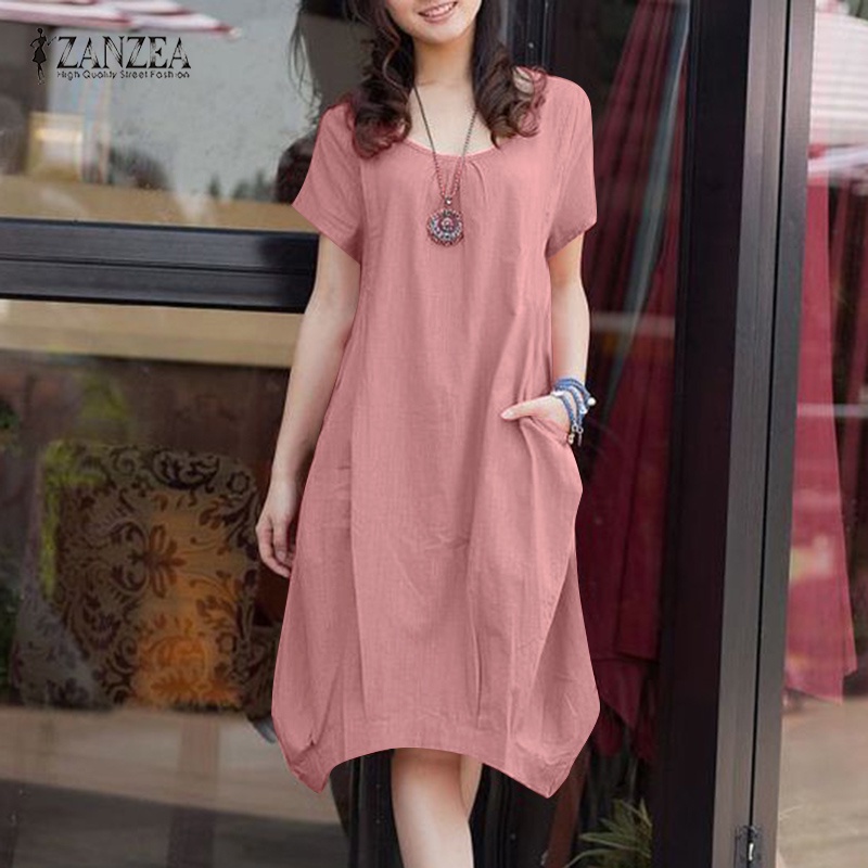 Đầm midi Zanzea tay ngắn cổ tròn phong cách hàn quốc đơn giản thời trang cho nữ