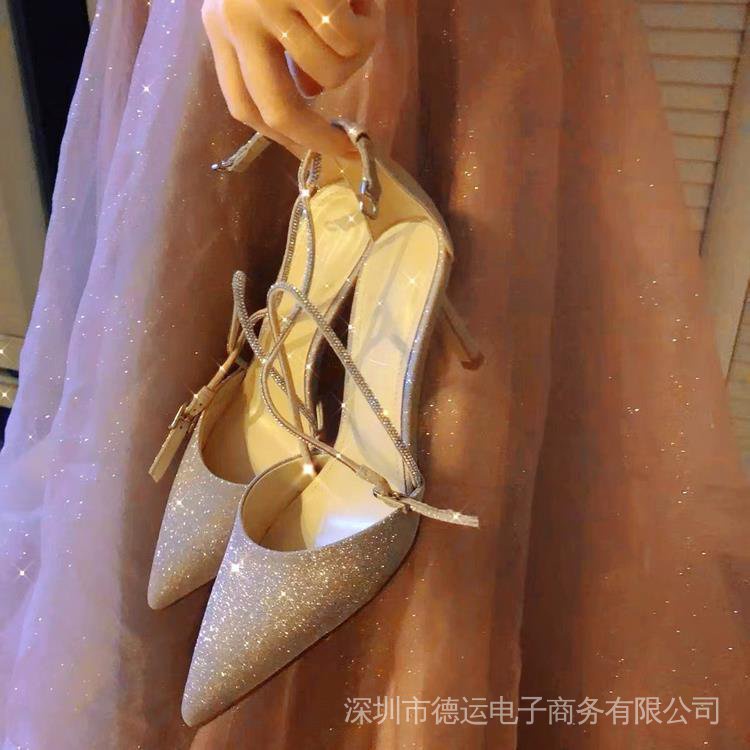 Giày Sandal Cao Gót 7cm Đính Đá Lấp Lánh Cài Khóa Kiểu Pháp Thời Trang Dự Tiệc Cưới