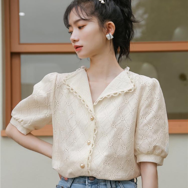 Áo sơ mi IELGY cổ chữ v tay ngắn phong cách Pháp cổ điển dành cho nữ