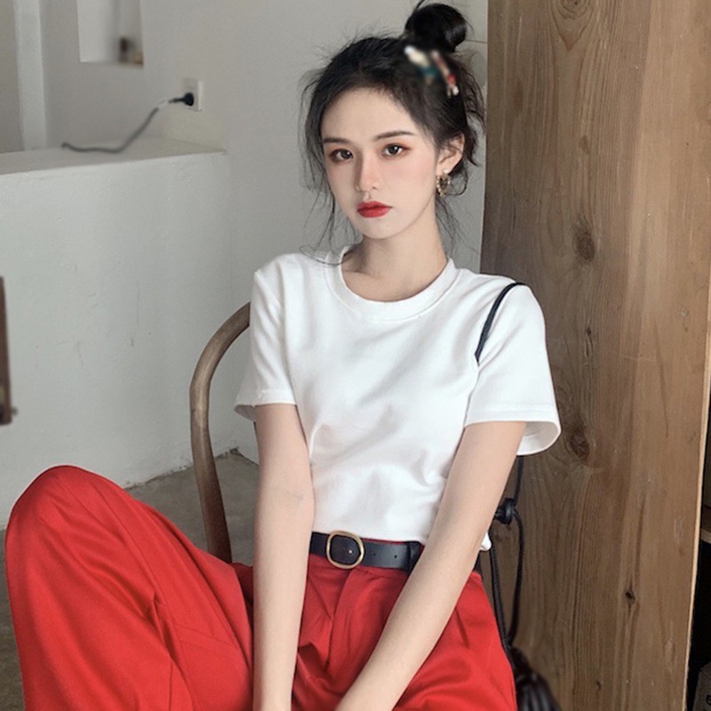 Áo Thun Ngắn Tay Màu Trơn Đơn Giản Cho Nữ