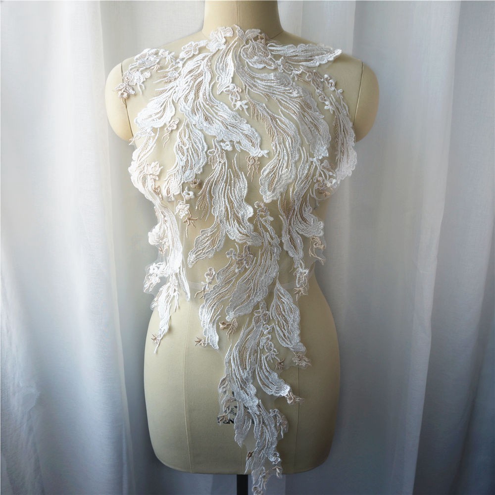 Vải Ren Thêu Hoa Đính Kim Sa Cỡ Lớn Màu Sâm Panh Dùng May Váy Cưới diy