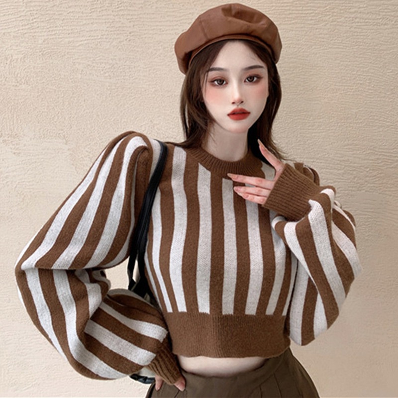 Áo len tay dài dáng rộng họa tiết kẻ sọc màu sắc ngọt ngào phong cách Hàn Quốc