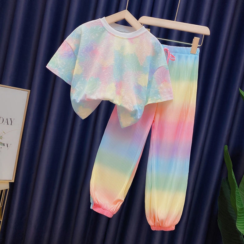 Set Áo Thun Tay Ngắn Cổ Tròn Nhuộm Màu Cầu Vồng + Quần Dài Dáng Rộng Phong Cách Hàn Quốc Thời Trang Mùa Hè 2023 Mới Cho Nữ