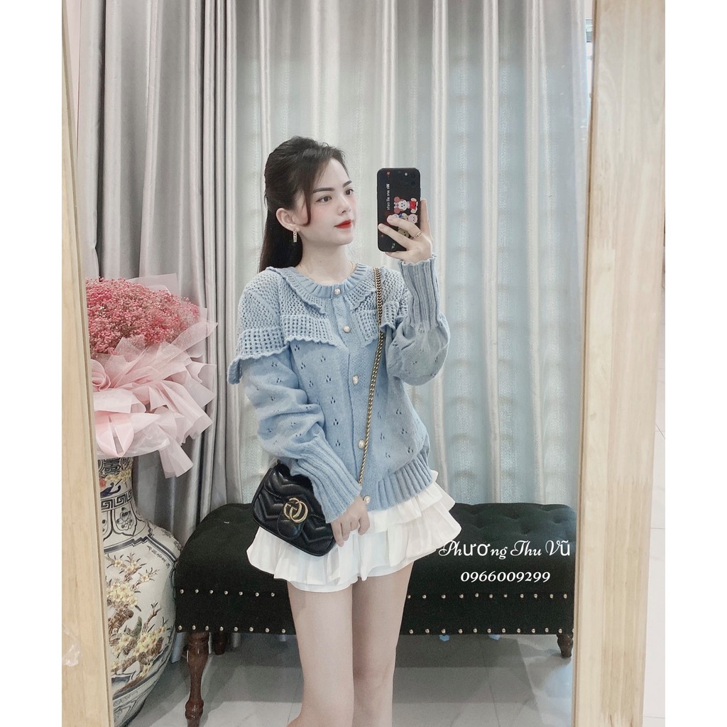 Áo Len Kiểu Khuy Ngọc 2 màu xanh / be sang chảnh | BigBuy360 - bigbuy360.vn