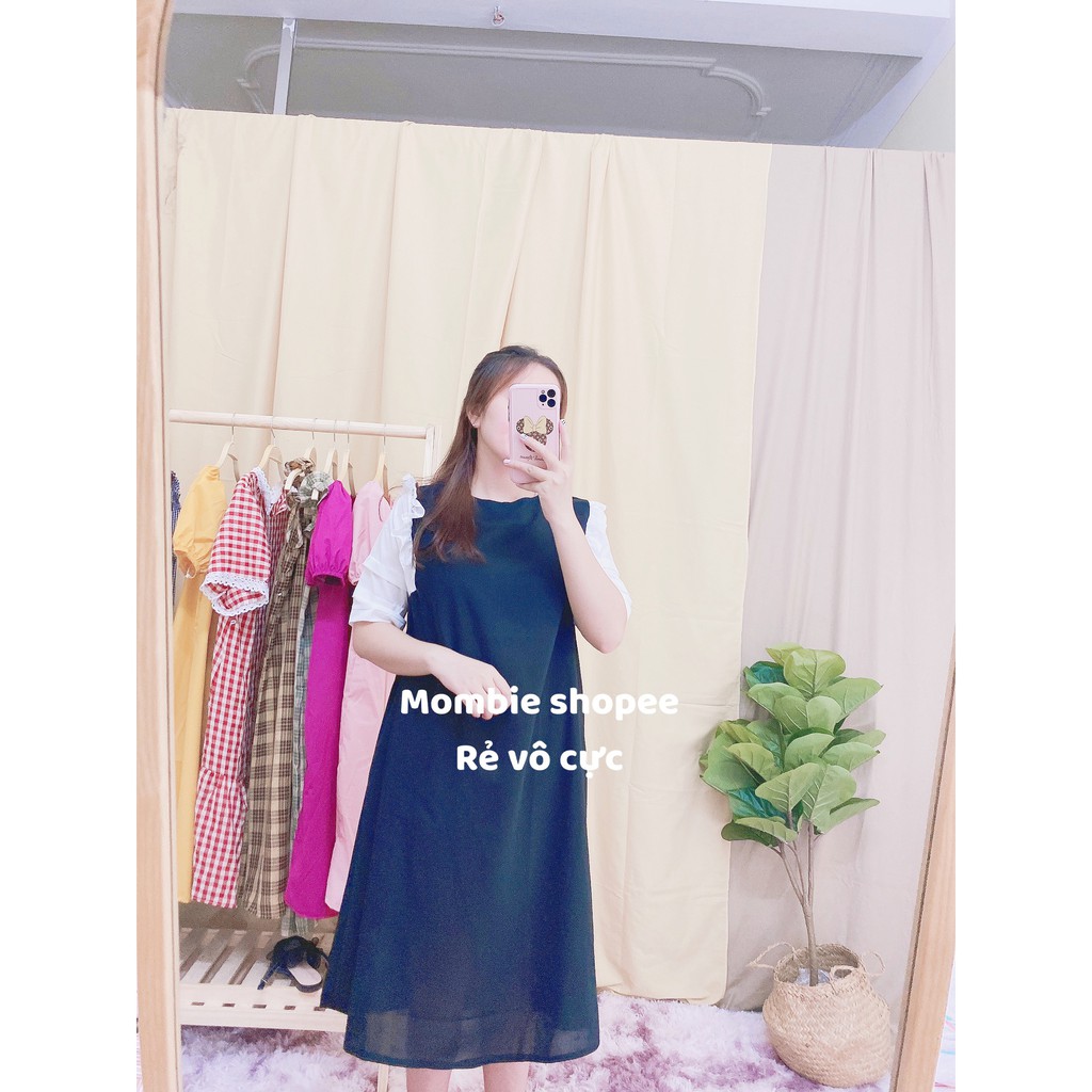 Váy bầu Công sở, Đầm bầu rẻ, họa tiết sọc ngang đen, tay nhăn điệu vải đũi thái mềm mại mặc rất thoáng mát thoải mái