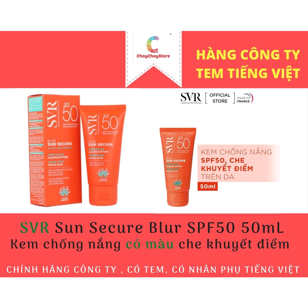 [TEM VIỆT NỮ] Kem chống nắng SVR SUN SECURE Blur SPF50 50ml - Kem chống nắng SVR CÓ MÀU che khuyết điểm