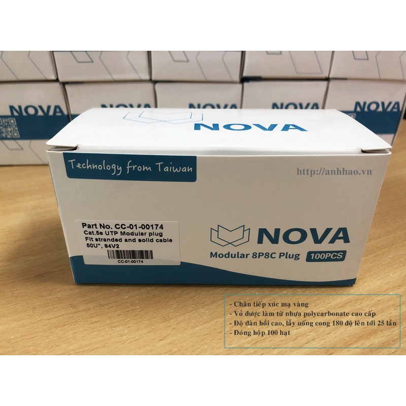 Đầu bấm mạng cat5/ cat6 Nova chính hãng - chân jack cắm mạ vàng 50u - Made in Taiwan