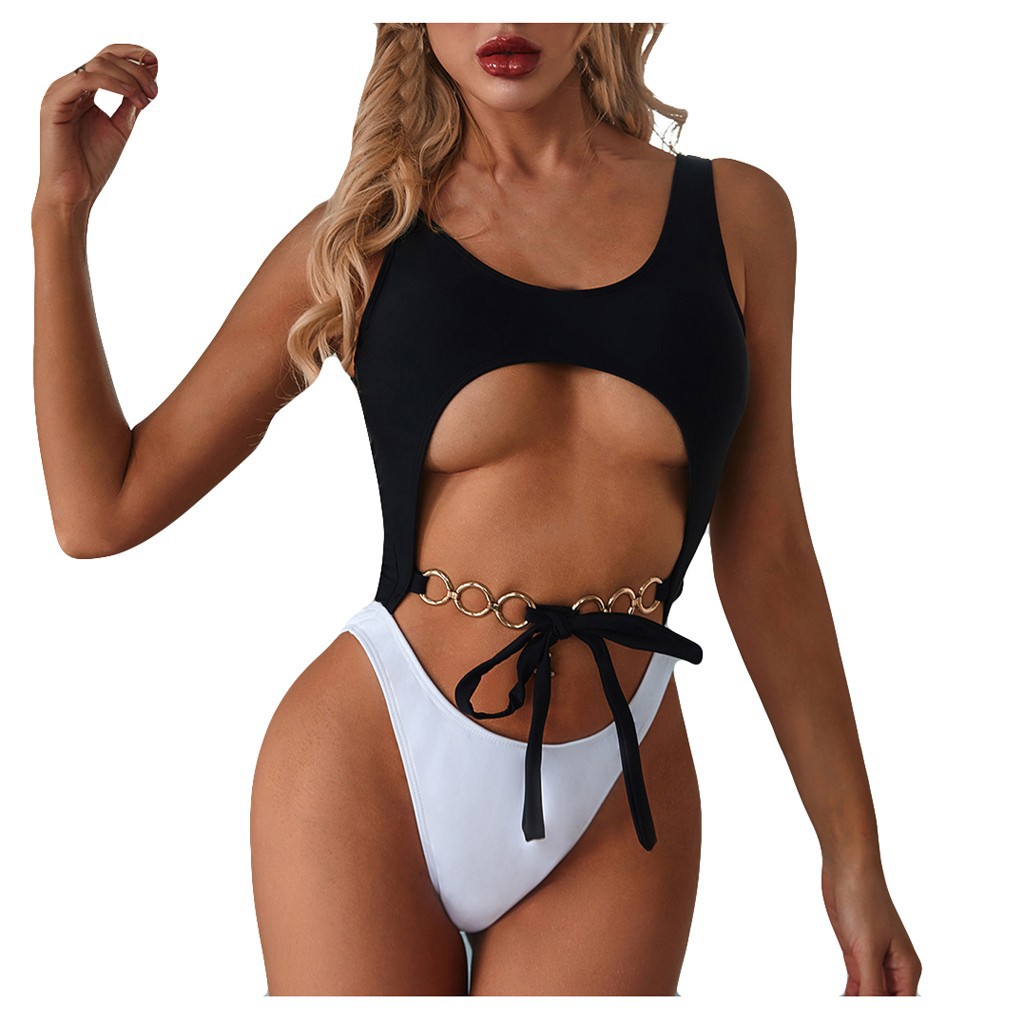 Women Metal Chain Hollow Out Jumpsuit Push-Up Beach Bikini One Piece Swimwear