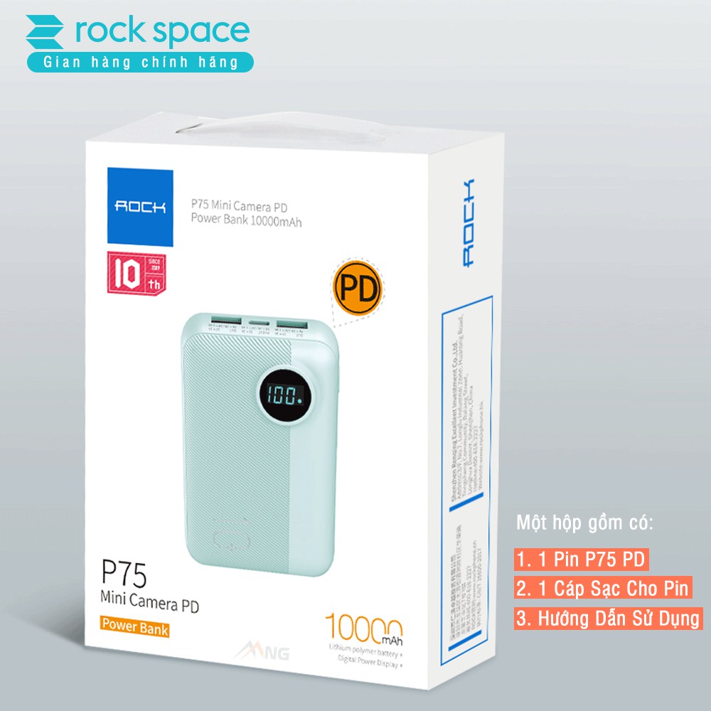 Cục sạc dự phòng mini chính hãng Rock space P75 chuẩn PD sạc nhanh cho iPhone, Samsung dung lượng thực 10.000 mAh