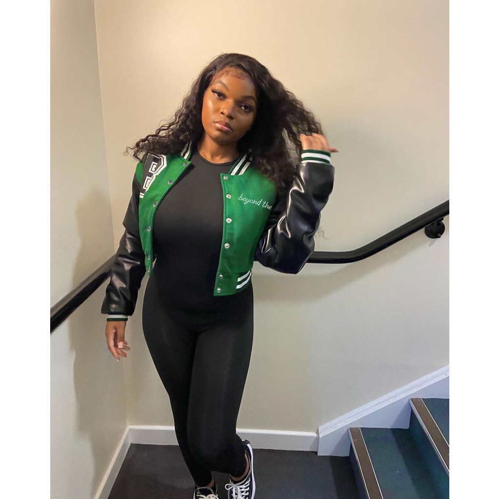 DUNEA Áo khoác da bóng chày tay ngắn phối màu cá tính cho nữ