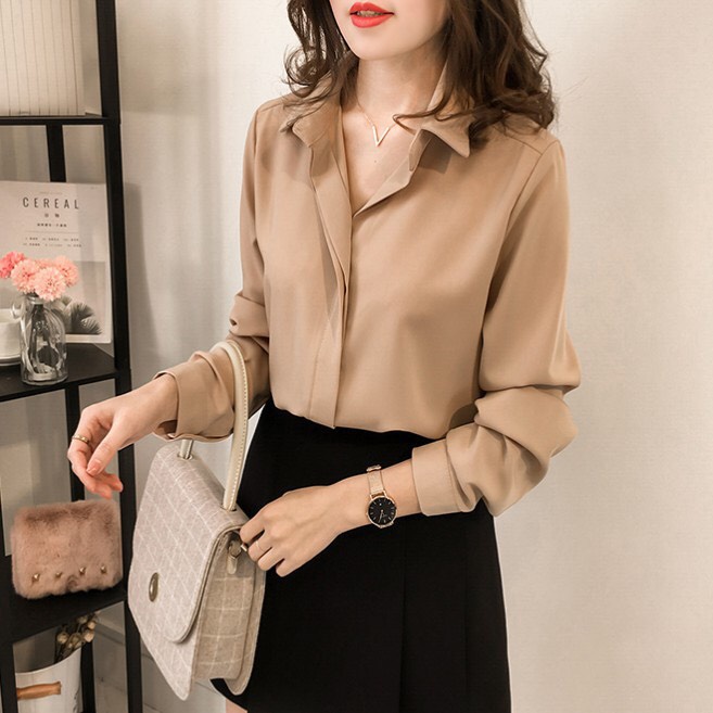 Áo sơ mi nữ lụa dài tay, áo công sở form rộng kiểu Hàn Quốc cao cấp màu Trắng Đen Xanh Be MISS CLOTHINGS SM-01 | BigBuy360 - bigbuy360.vn