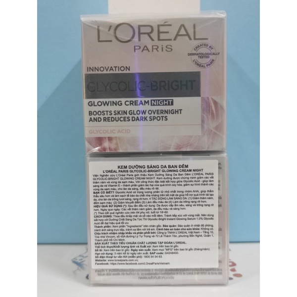 Kem dưỡng sáng mờ thâm nám ngày, đêm L'Oreal Paris Glycolic Bright Glowing Cream SPF17 15ml