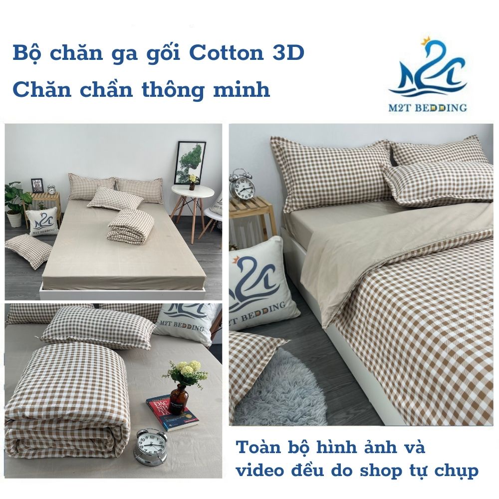 Bộ chăn ga gối Cotton 3D M2T BEDDIND Luxury chăn chần bông thông minh drap giường - CTM Caro nâu be