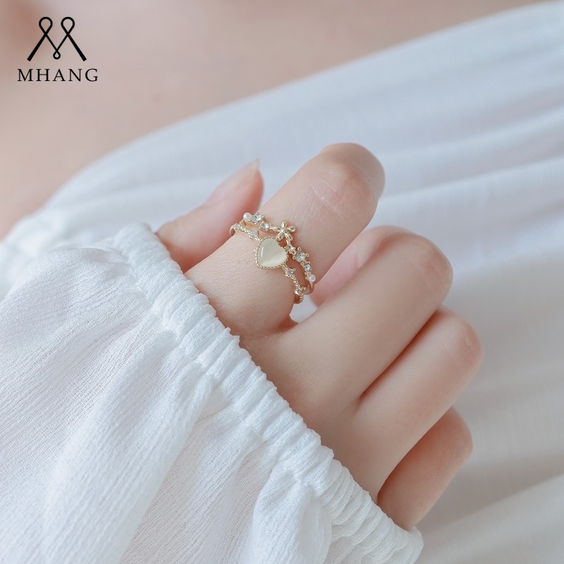 Nhẫn Hai Lớp Hình Trái Tim Đính Đá Opal Thời Trang Chất Lượng Cao