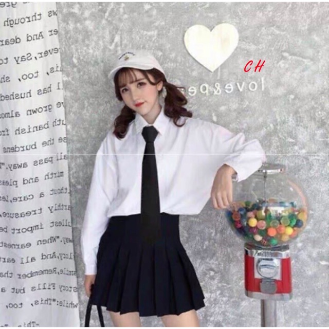 Sét ba món sơ mi cavat+ chân váy xếp li CH12