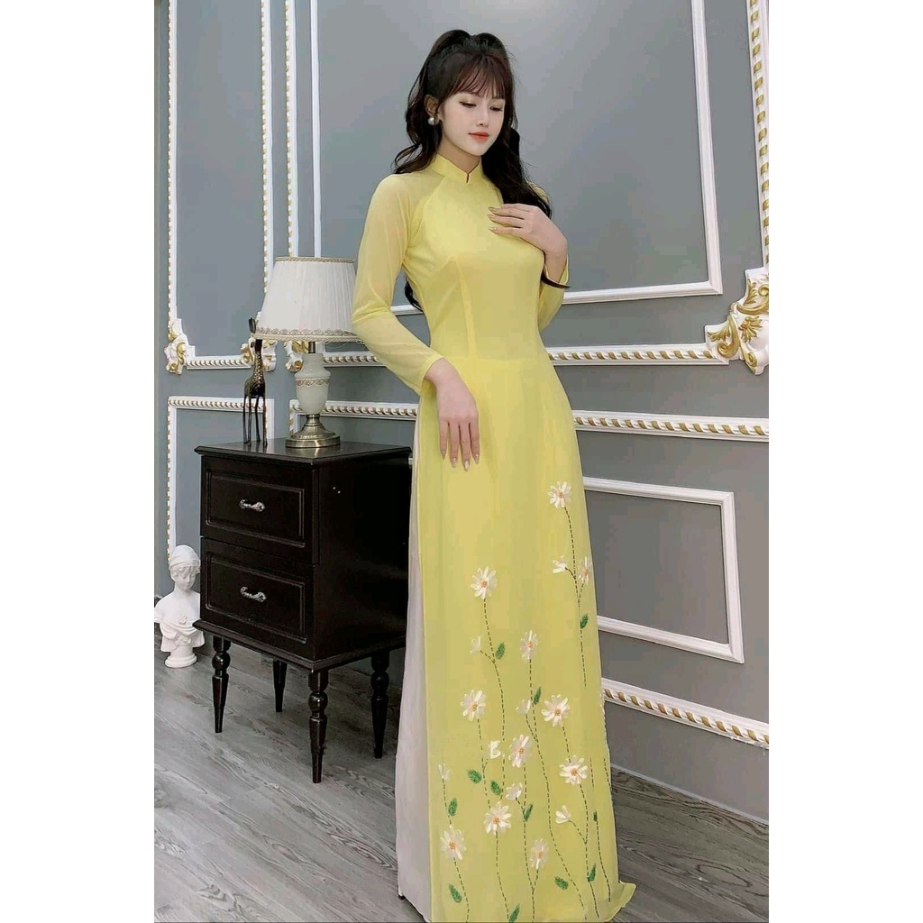 ÁO DÀI CÁCH TÂN NỮ 4 TÀ KẾT CÚC HOẠ MI LÓT VẢI LỤA TAY PHỐI REN CAO CẤP - ÁO DÀI THIẾT KẾ MẶC TẾT TRUYỀN THỐNG ADCTHCXV