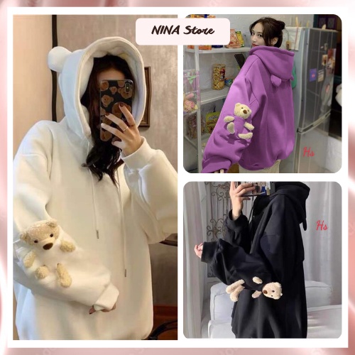 Áo Hoodie Nữ Tay Gấu Bông Áo Nỉ Nữ Có Mũ 3 Màu Nina Store