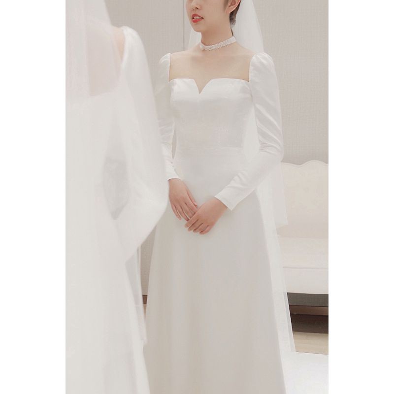 (ảnh thật) váy cưới cô dâu cổ vuông tay dài đính cúc vải, đầm trắng thiết kế dạ hội sang trọng
