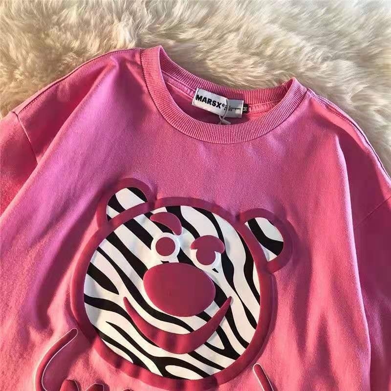 Áo Thun Ngắn Tay Dáng Rộng In Hình Gấu Dâu Tây Phong Cách Hàn Quốc Mới