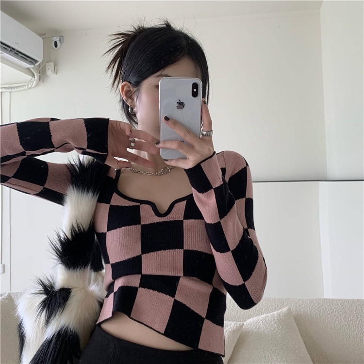 QKOOLE Áo kiểu  cổ vuông họa tiết kẻ sọc caro phong cách Hàn Quốc thời trang dành cho nữ