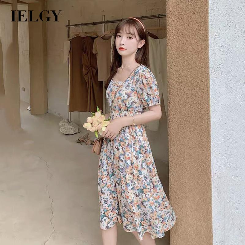 Đầm lửng IELGY tay ngắn cổ vuông dáng ôm size lớn họa tiết hoa