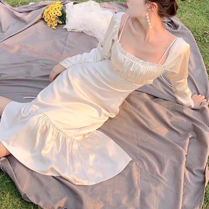 Váy dự tiệc Đầm lụa nữ đuôi cá tay phồng Hàn Quốc | BigBuy360 - bigbuy360.vn