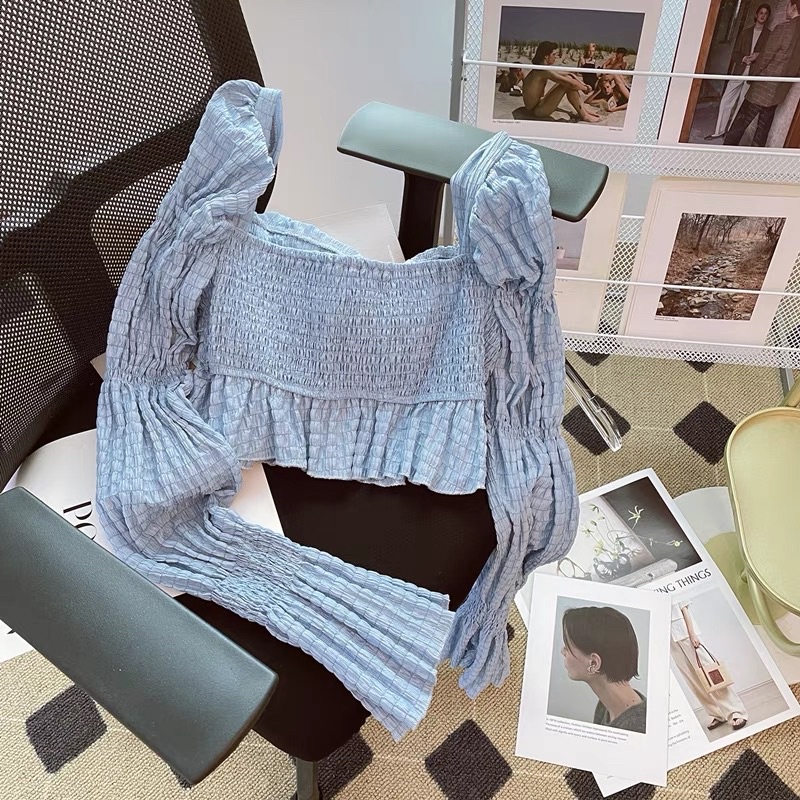 Áo kiểu croptop tay dài nữ tính phong cách hàn quốc